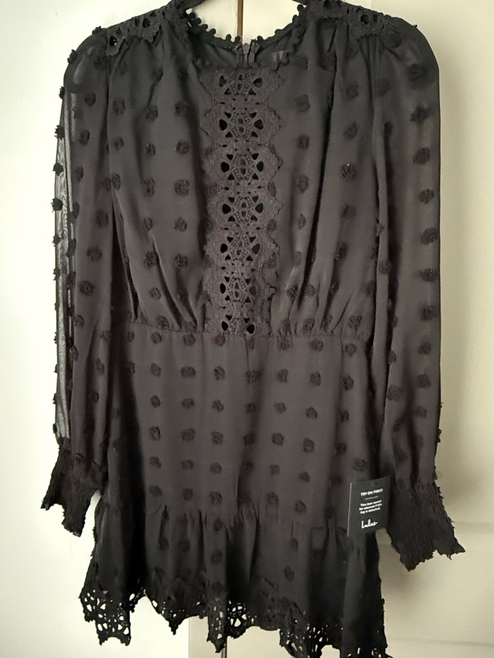Lulu's Black Swiss Dot Crochet-Trim Long Sleeve Tunic